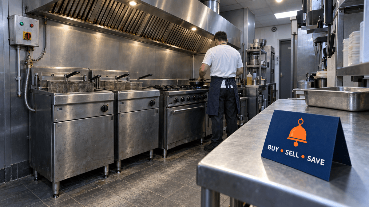 Small takeaway cook line with twin fryers and a gas range under a stainless extraction canopy