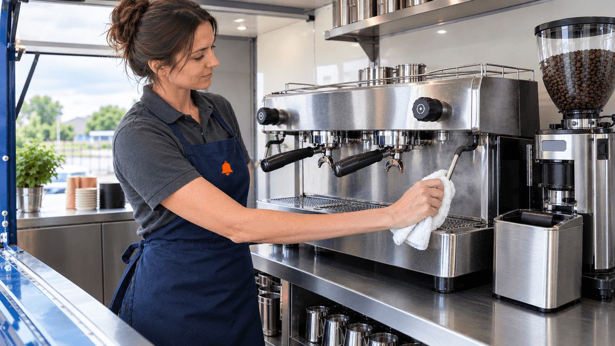 Barista wiping the steam wand of a two-group espresso machine inside a clean coffee trailer