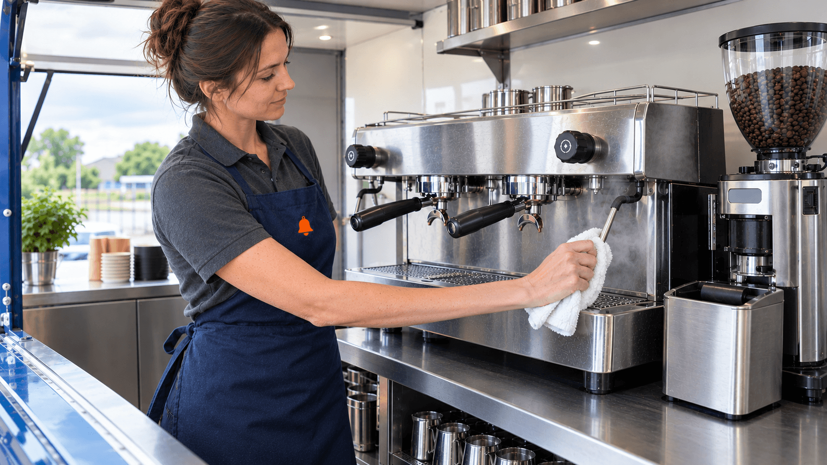 Barista wiping the steam wand of a two-group espresso machine inside a clean coffee trailer