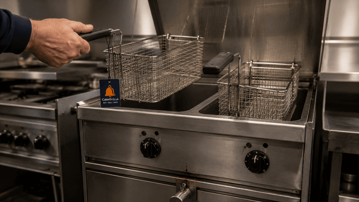 Used twin-basket commercial fryer with its lid open and baskets raised, ready for a pre-purchase check.