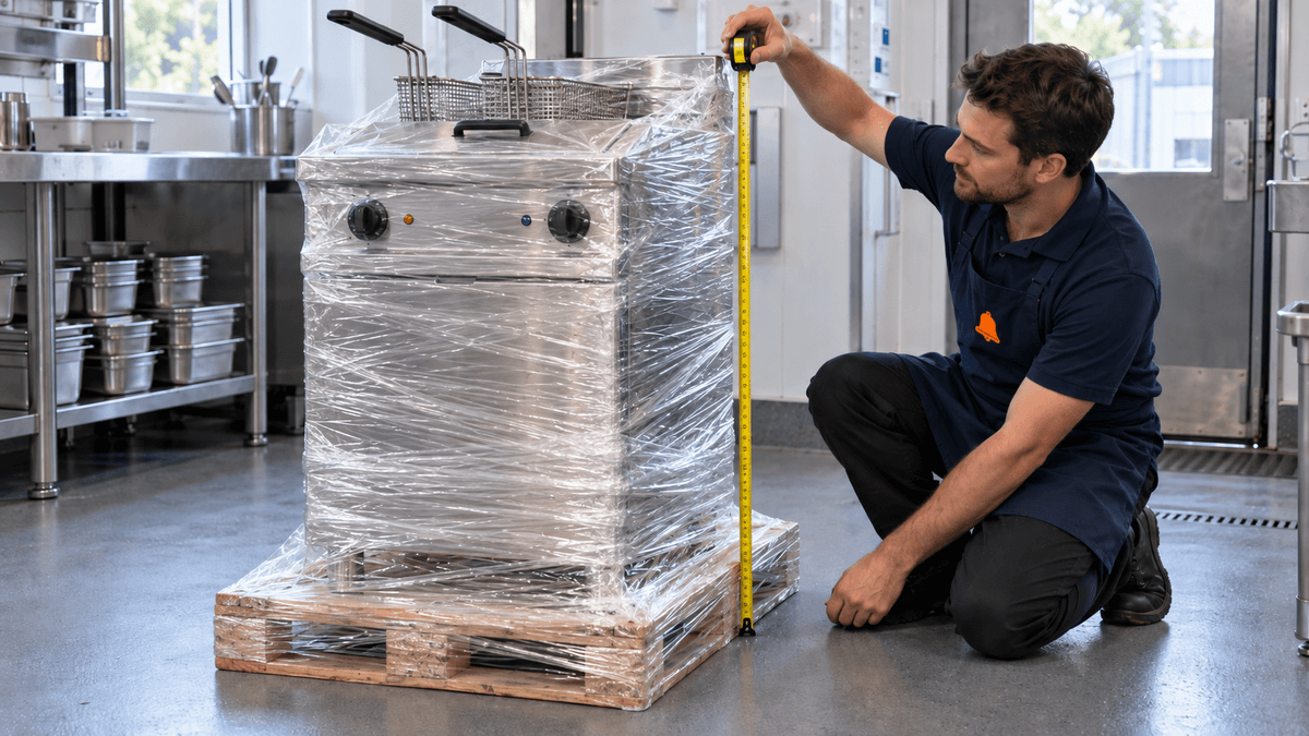 Kitchen manager measuring the height of a wrapped free-standing fryer on a wooden pallet in a commercial kitchen