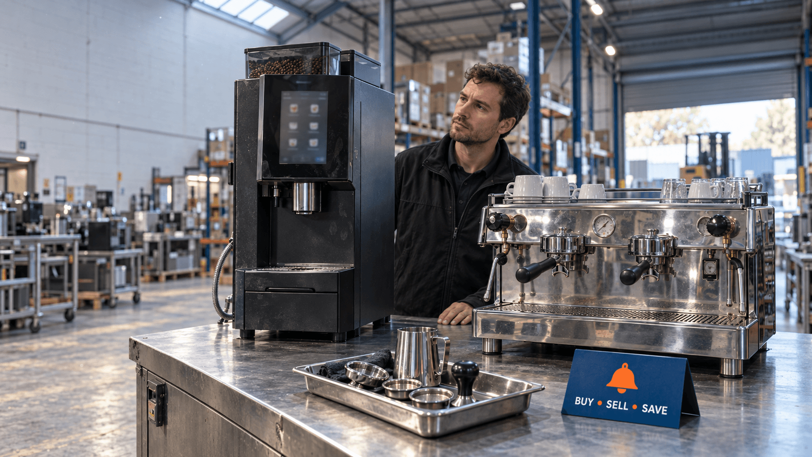 used-commercial-coffee-machine-buying-guide.webp | Cafe owner checking a used two group espresso machine on the counter before buying it bean-to-cup-or-traditional-espresso-machine.webp