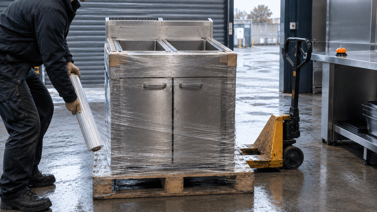 Commercial gas fryer stretch wrapped tightly to a wooden pallet at a kitchen loading bay, ready for collection.