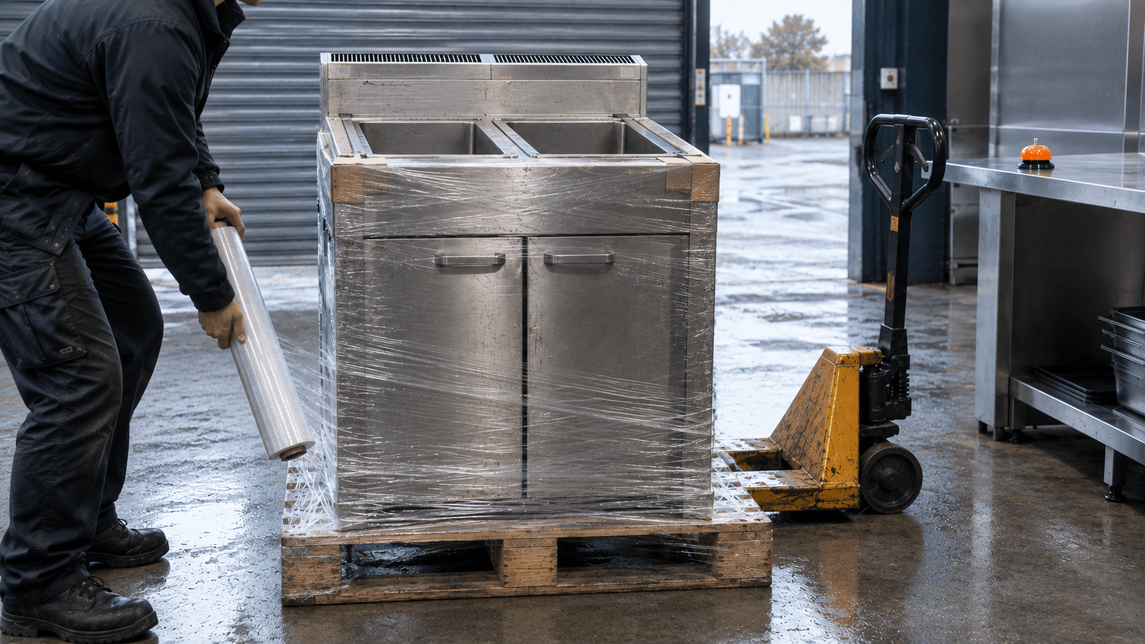 Commercial gas fryer stretch wrapped tightly to a wooden pallet at a kitchen loading bay, ready for collection.