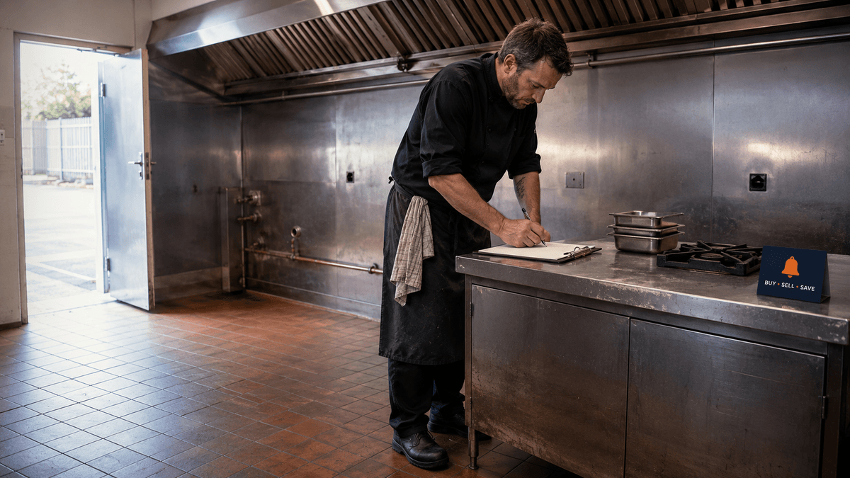 Chef listing equipment on a clipboard while clearing a commercial kitchen, prep counter pulled out from the wall.