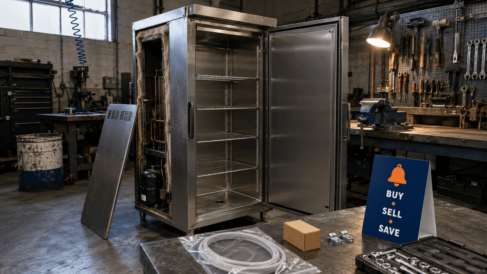 A commercial upright fridge stripped down on an engineer's bench, side panel off and replacement parts laid out beside it.