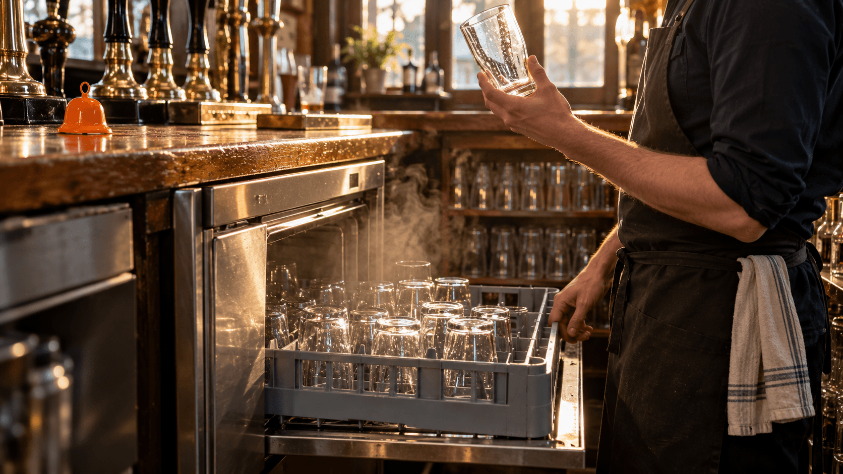 Used commercial glasswasher under a pub bar with a rack of clean pint glasses and a bartender checking a glass.