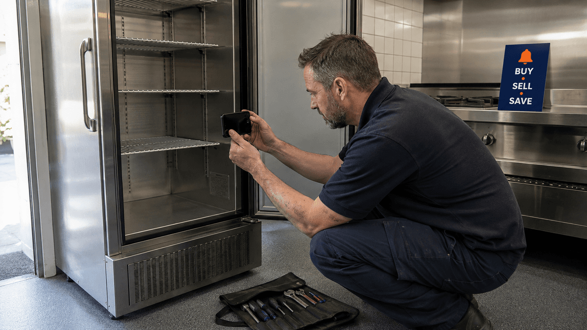 Engineer photographing the data plate inside a commercial upright fridge to order catering spares.
