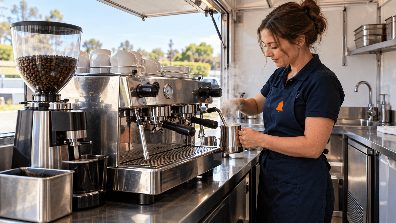 Barista steaming milk at an espresso machine inside a clean mobile coffee trailer, daylight through the hatch