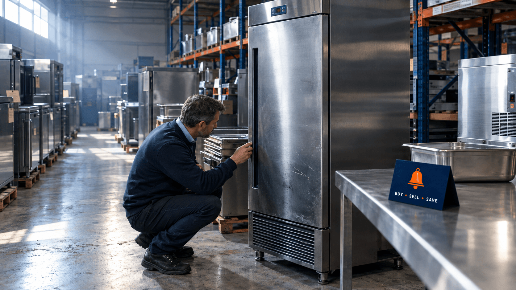 catering-auctions-uk-buyer-checking-used-fridge.webp — Buyer inspecting a used stainless fridge in a catering equipment clearance warehouse before an auction viewing day.