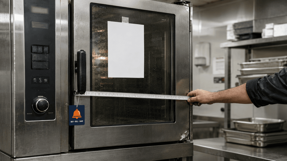 Hand measuring a used commercial combi oven with a tape measure in a UK kitchen, with a blank price ticket taped to the glass door.
