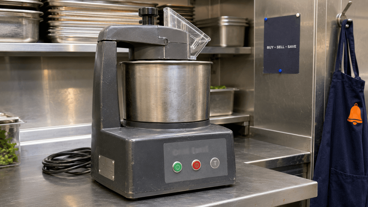 Grey commercial food processor with a scuffed stainless bowl and worn twist-lock knob on a UK kitchen prep counter.