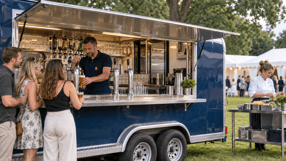 Bar attendant pulling a pint at the hatch of a used mobile bar trailer, with a chef in whites at a prep bench behind