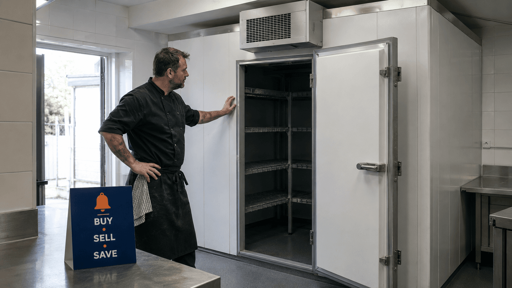 Chef inspecting a used walk-in coldroom with the insulated door open and a monoblock unit above it.