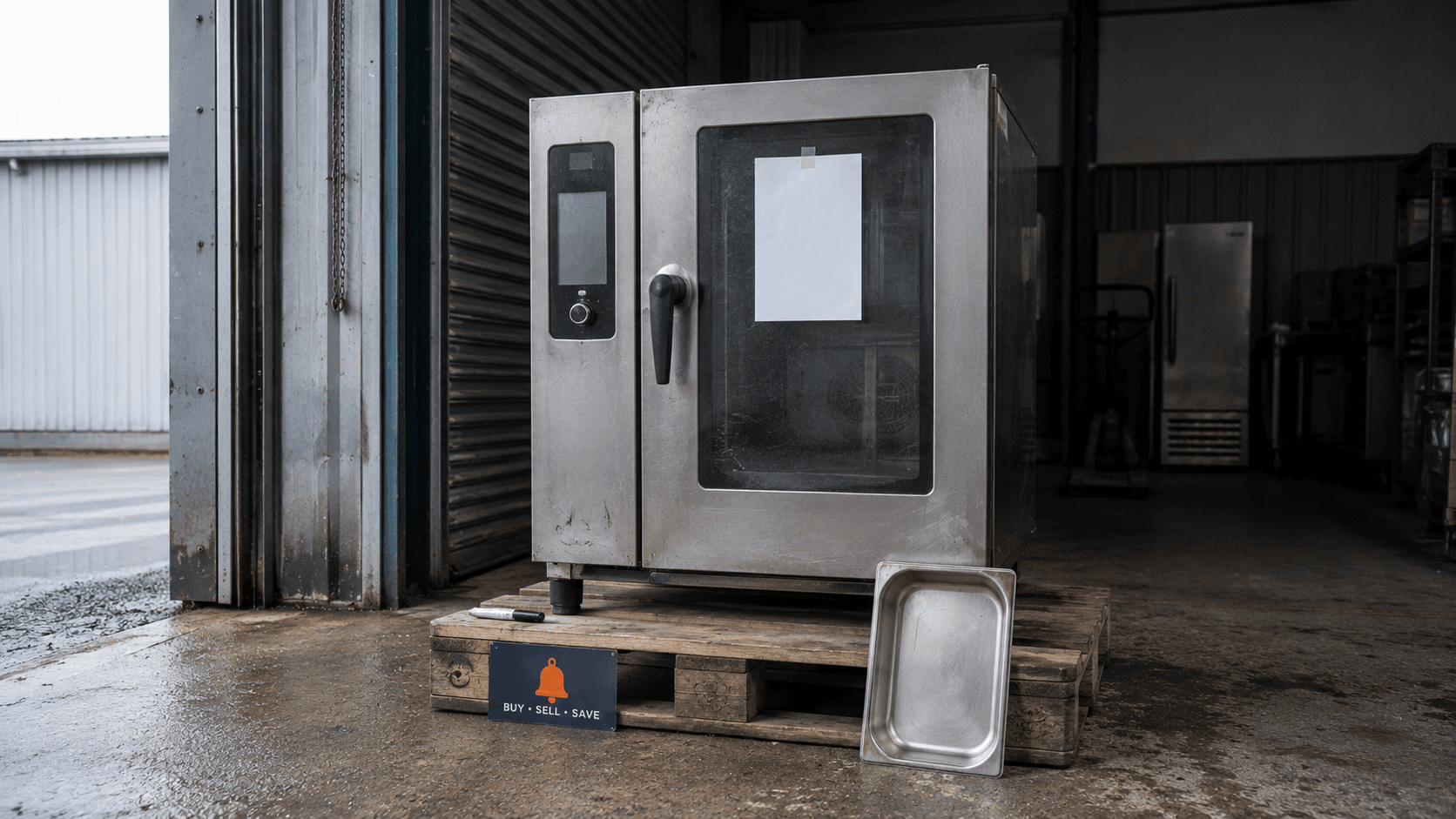 Used commercial combi oven on a pallet in a UK loading bay, with a blank price ticket taped to the glass door ready to be filled in.
