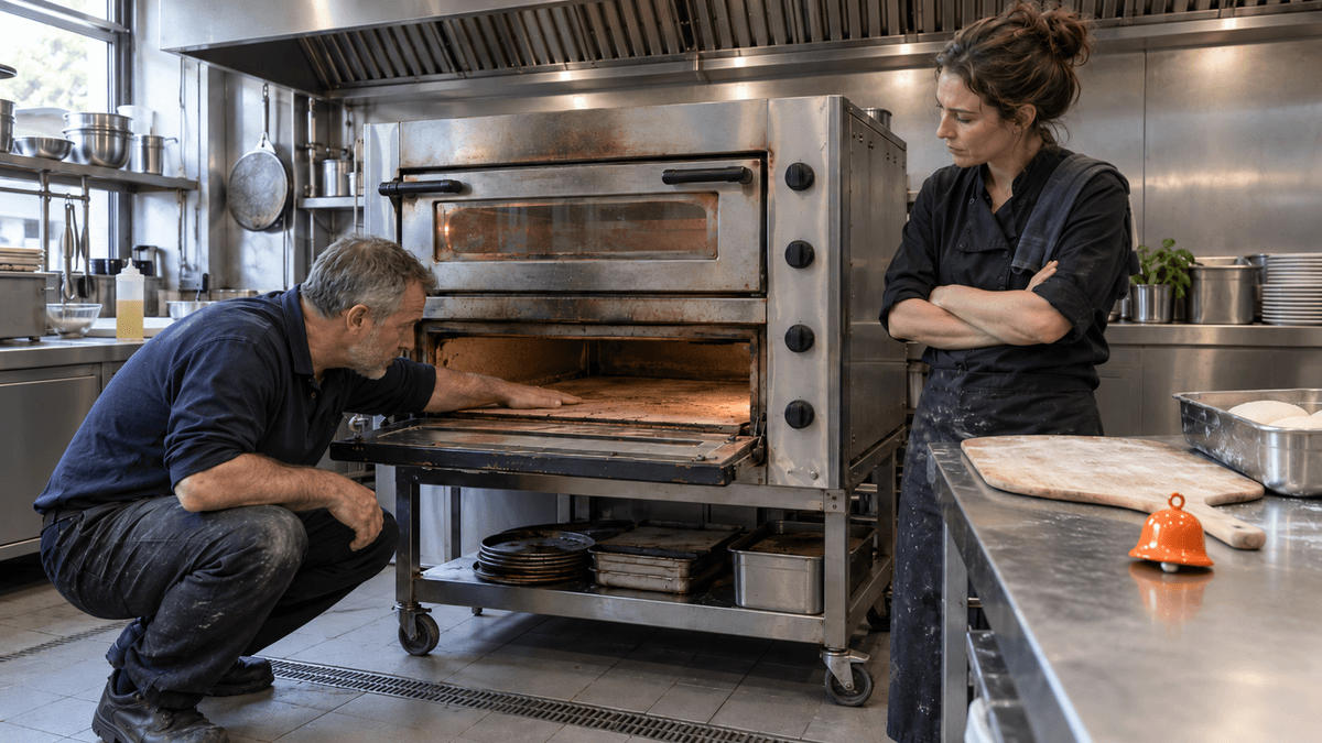 A buyer checks the stone floor of a used double-deck pizza oven with a phone torch while the seller looks on in a commercial kitchen.