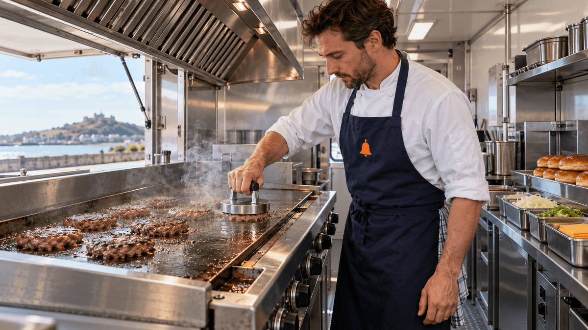 Chef cooking burgers on a flat griddle inside a stainless steel burger trailer kitchen