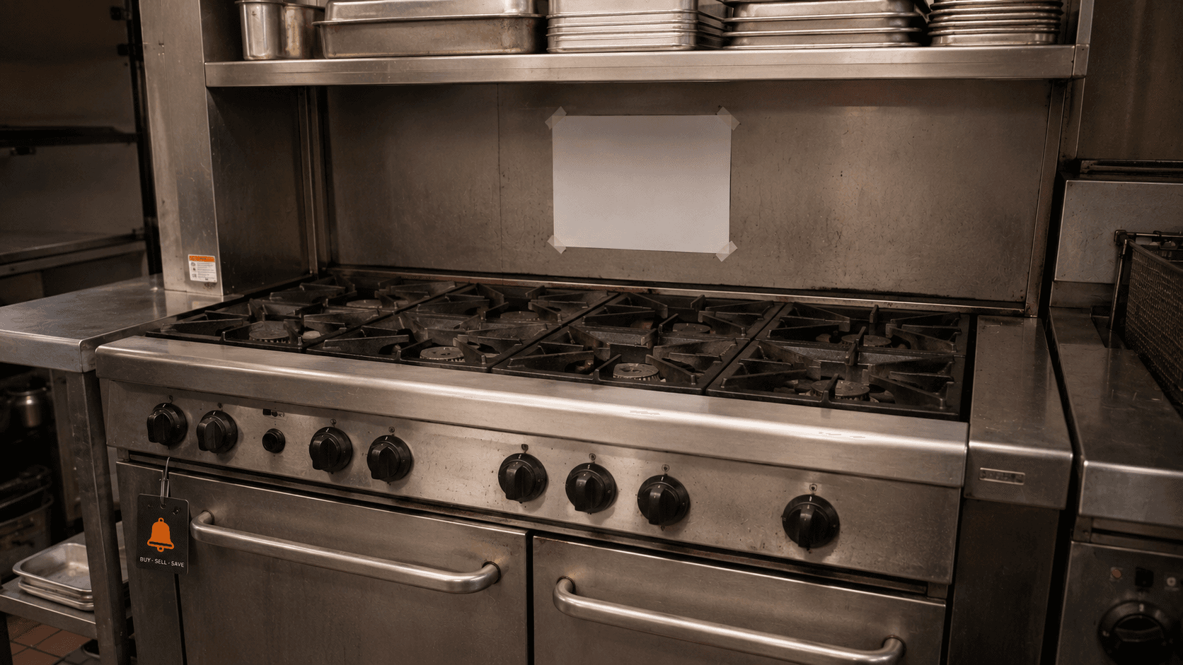 Used commercial six-burner range still installed in a UK kitchen line, with a fixed price ticket taped to the splashback above it.