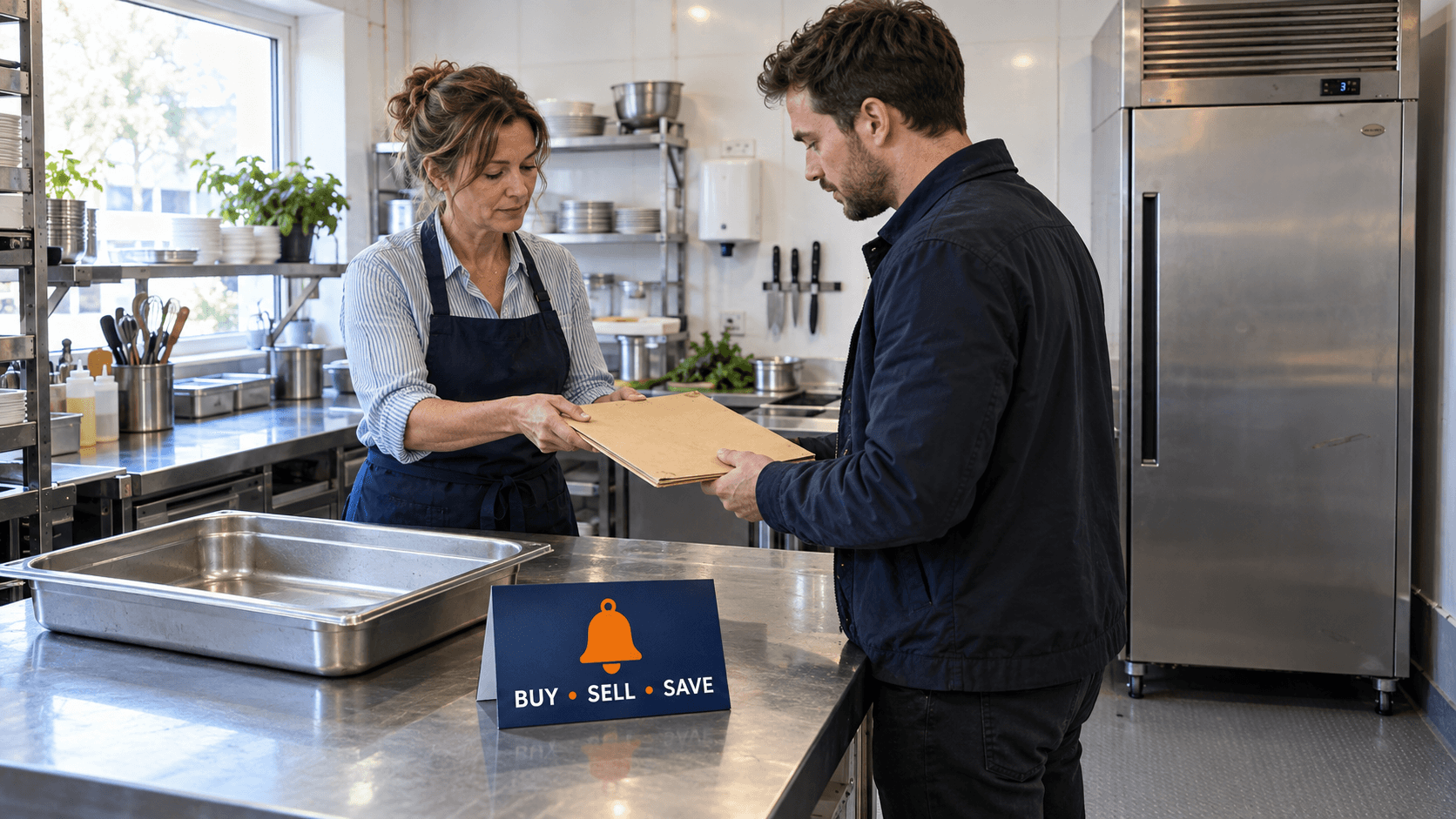 Café owner handing lease paperwork to a buyer beside an upright fridge, a business sale handover