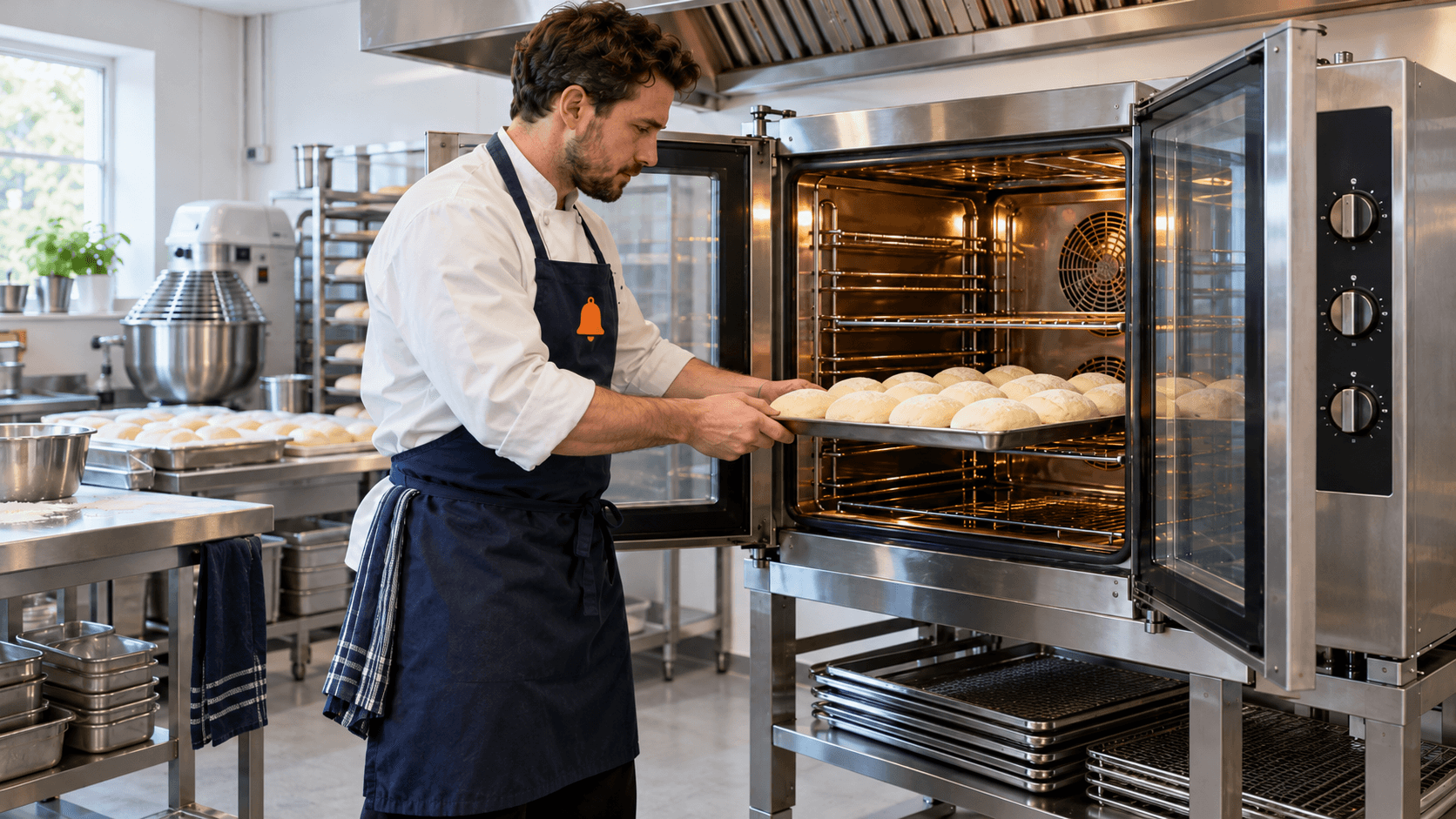 Baker loading a tray of dough rolls into a commercial convection oven
