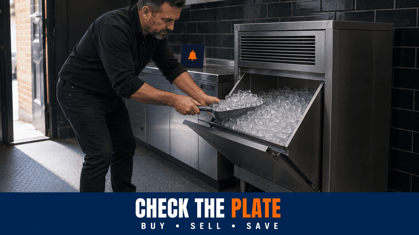 used-commercial-ice-machine-uk-buyers-guide.webp Undercounter commercial ice machine open in a UK bar back with a full bin of cube ice.