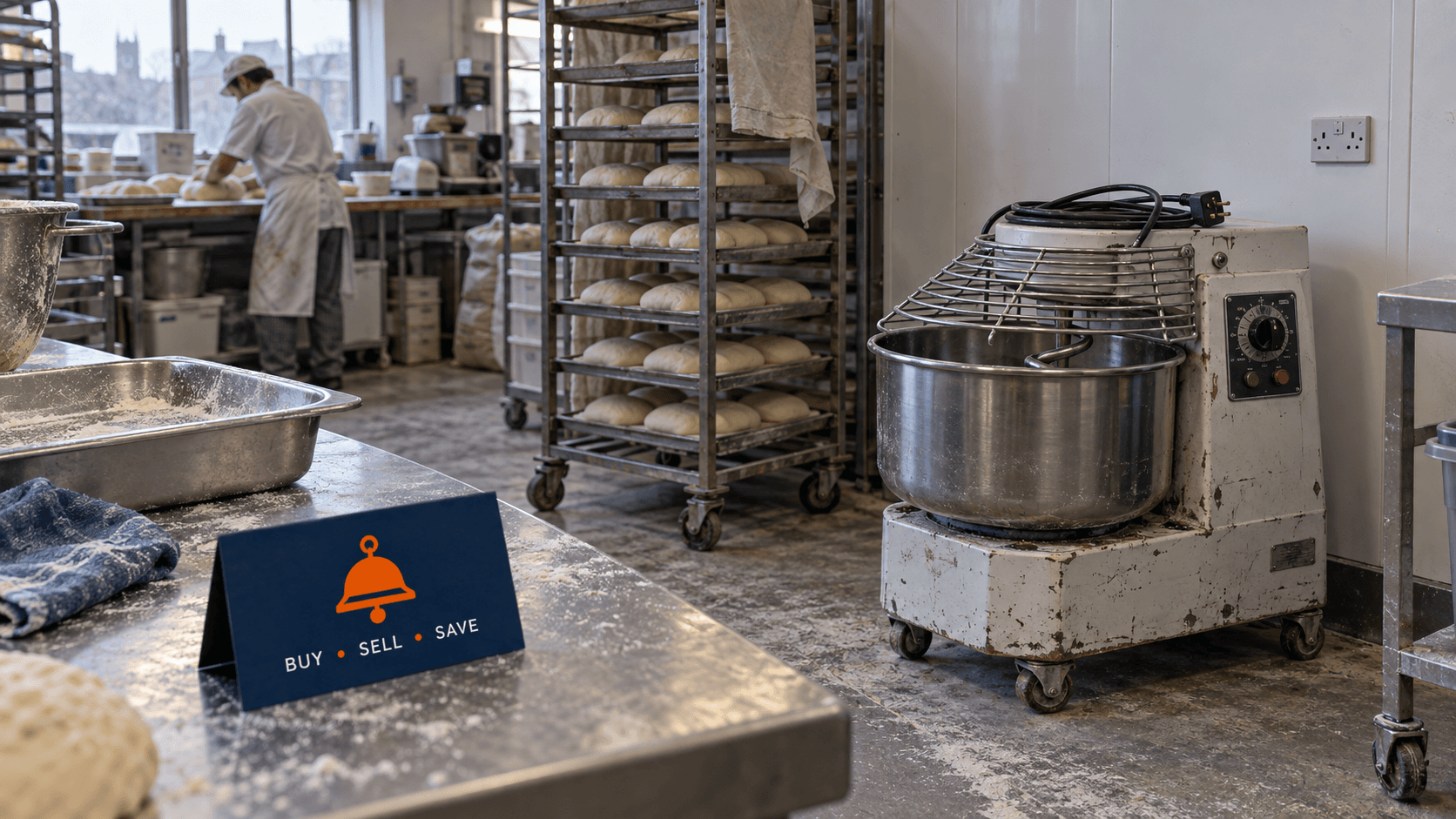 Unused spiral dough mixer standing in the corner of a working UK bakery with its lead unplugged