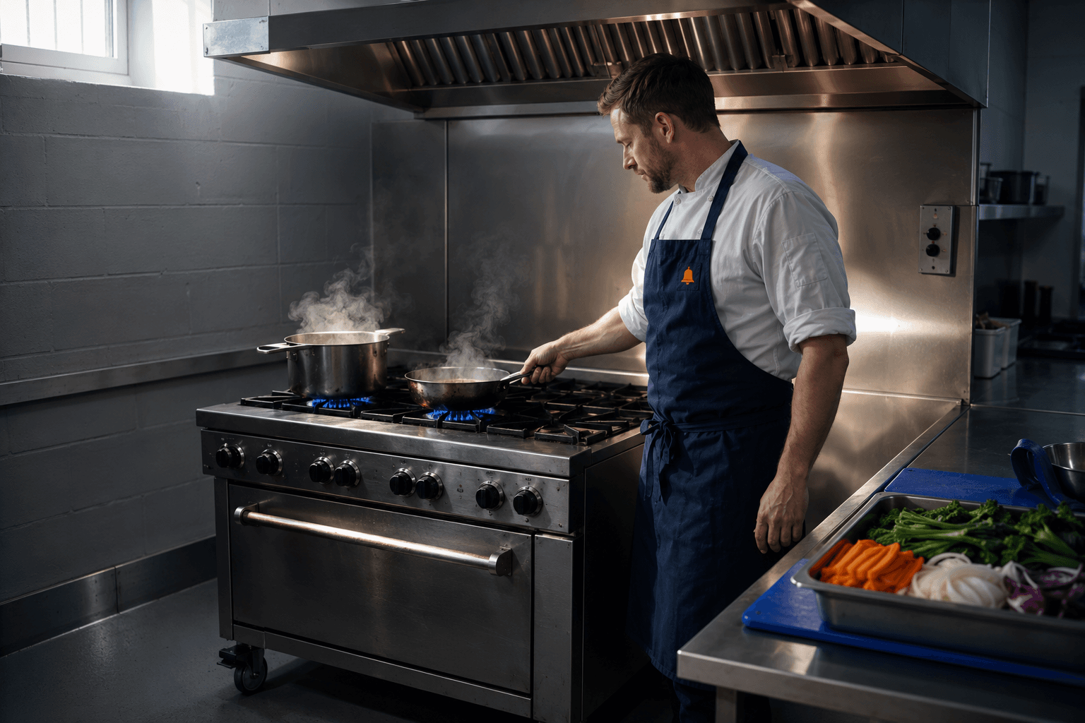 Induction hob running alongside a gas range on a hybrid commercial kitchen line