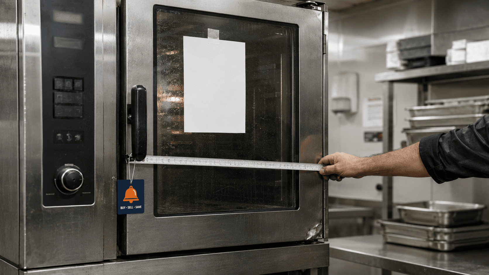 Hand measuring a used commercial combi oven with a tape measure in a UK kitchen, with a blank price ticket taped to the glass door.