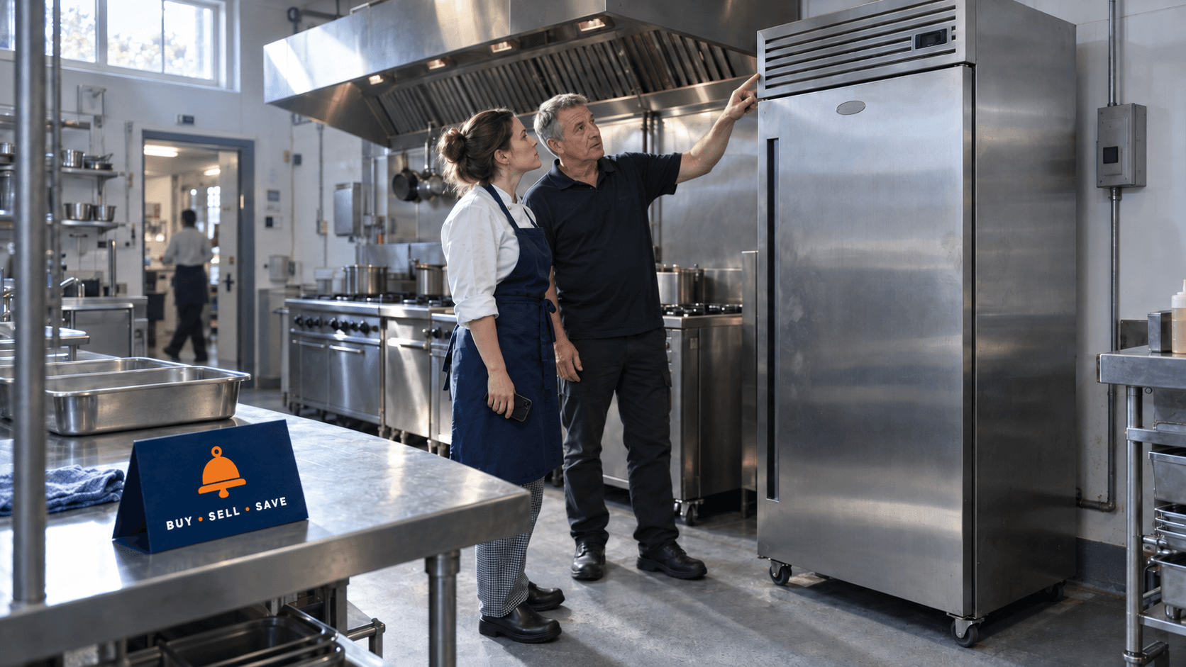 Buyer and seller beside a tall stainless upright fridge in a used commercial kitchen, navy CaterBids card on the bench.