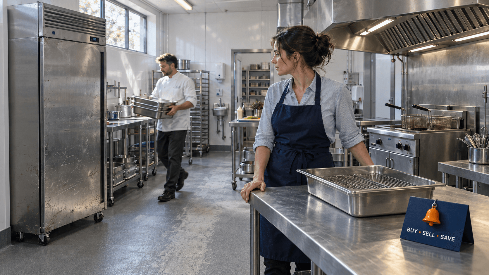 Buyer and chef in a part-fitted commercial kitchen with upright fridge, stainless bench and fryer under a canopy.