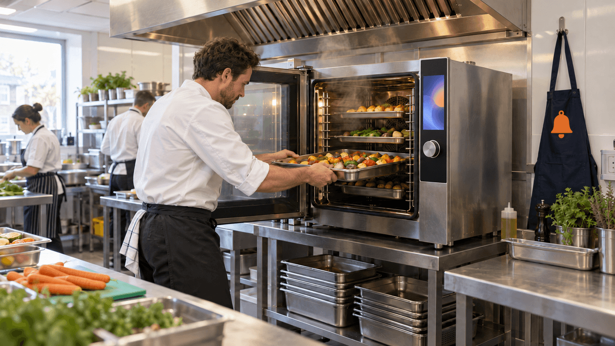 Buyer checking the door seal and photographing the data plate on a used combi oven