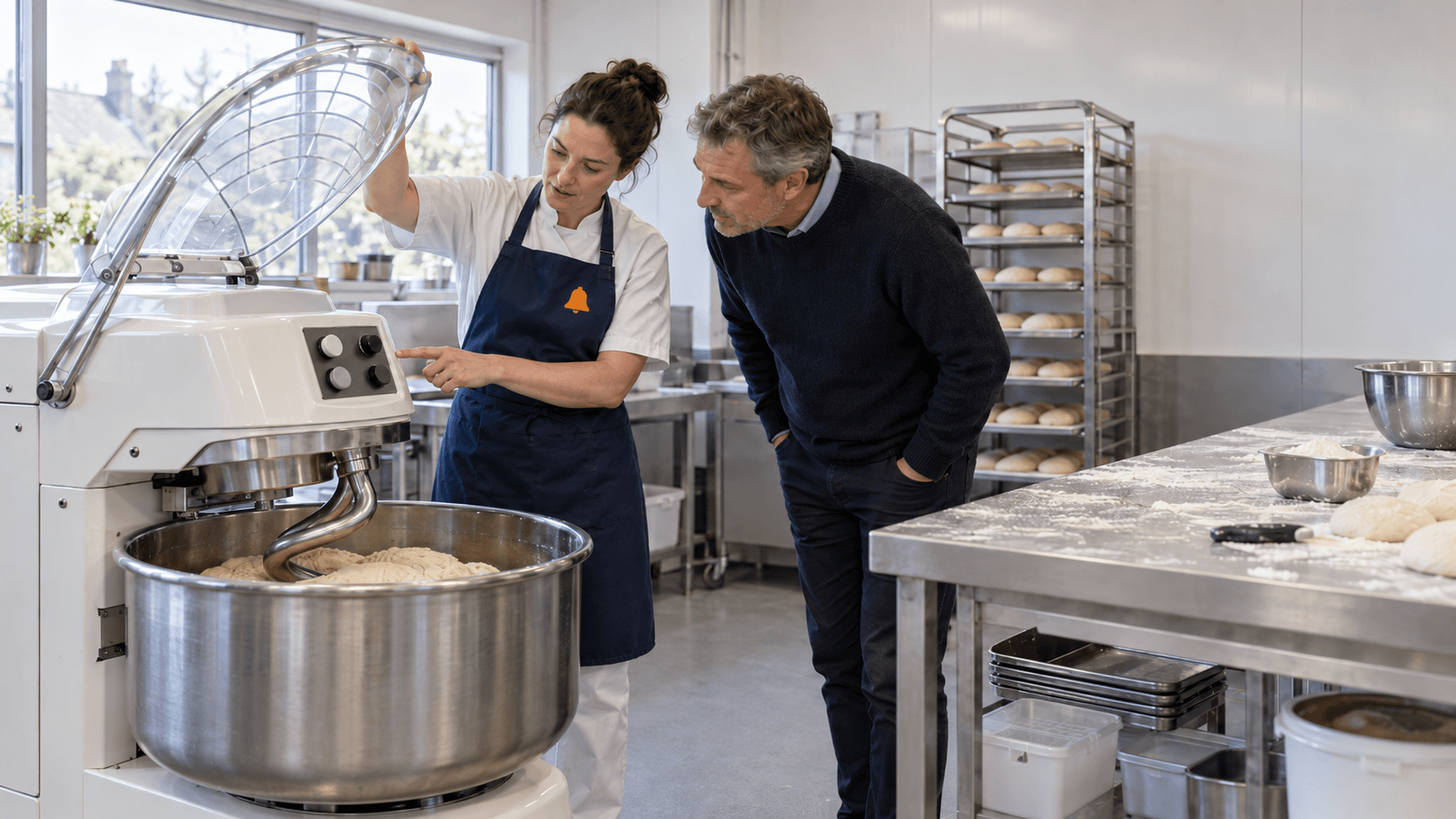 A baker and a buyer test the safety guard on a used spiral dough mixer in a clean UK bakery production room