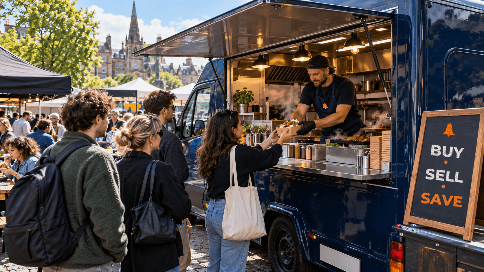 Cook serving a customer from the hatch of a navy catering van at a UK street food market