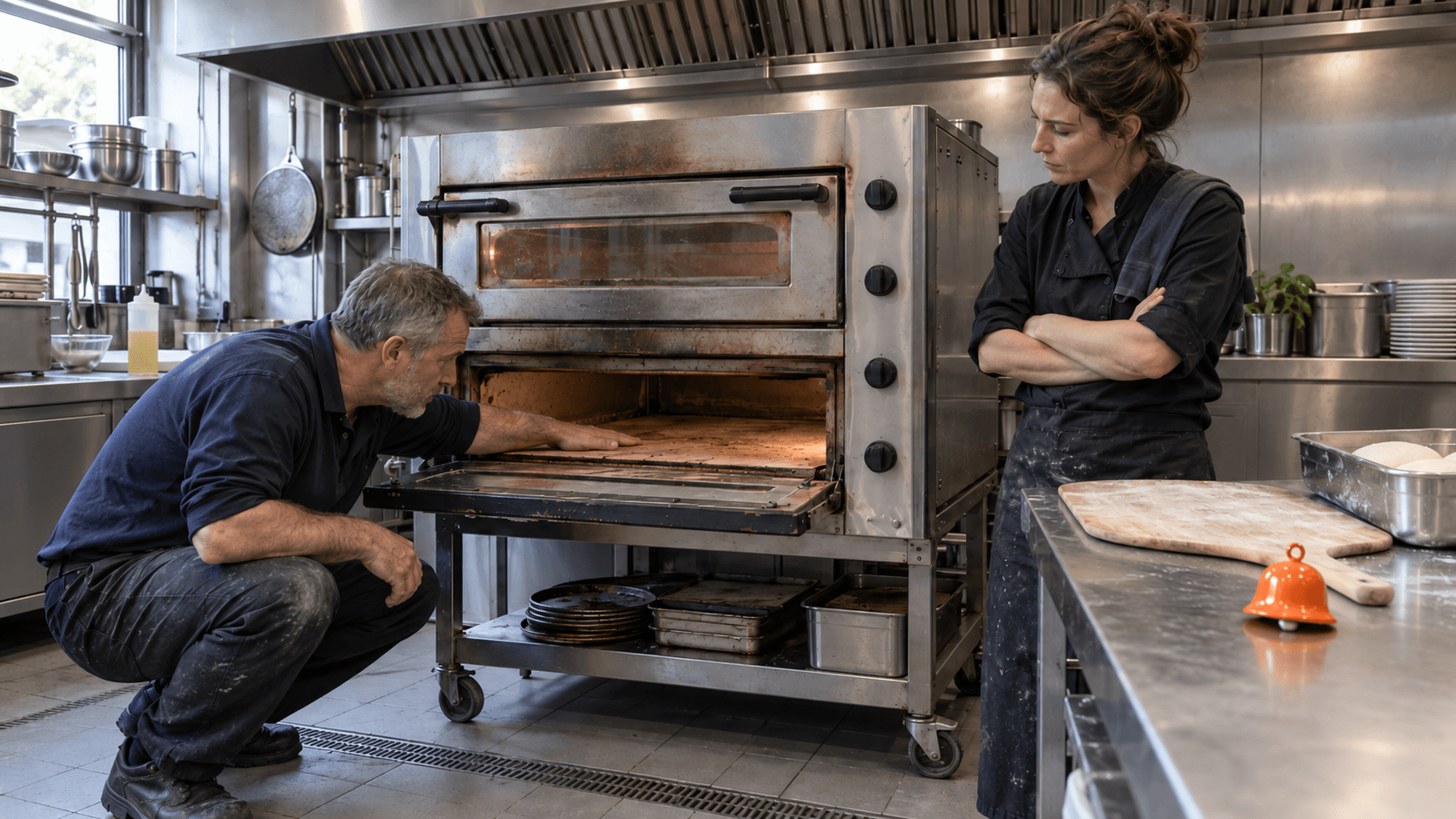 A buyer checks the stone floor of a used double-deck pizza oven with a phone torch while the seller looks on in a commercial kitchen.